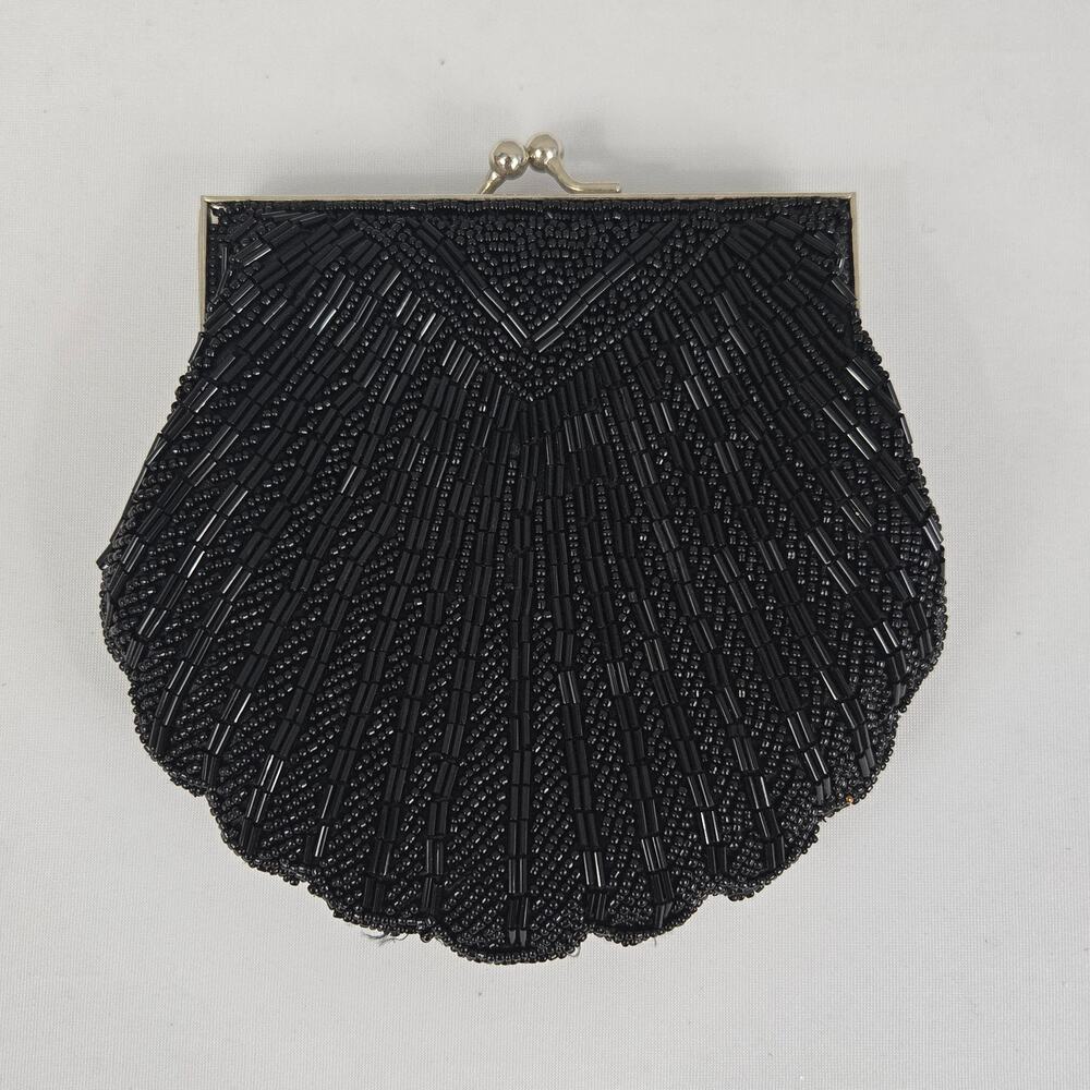 Antique Art Deco Black Beaded Clamshell Clutch Purse Snap Closure Chain Strap - Picture 2 of 14